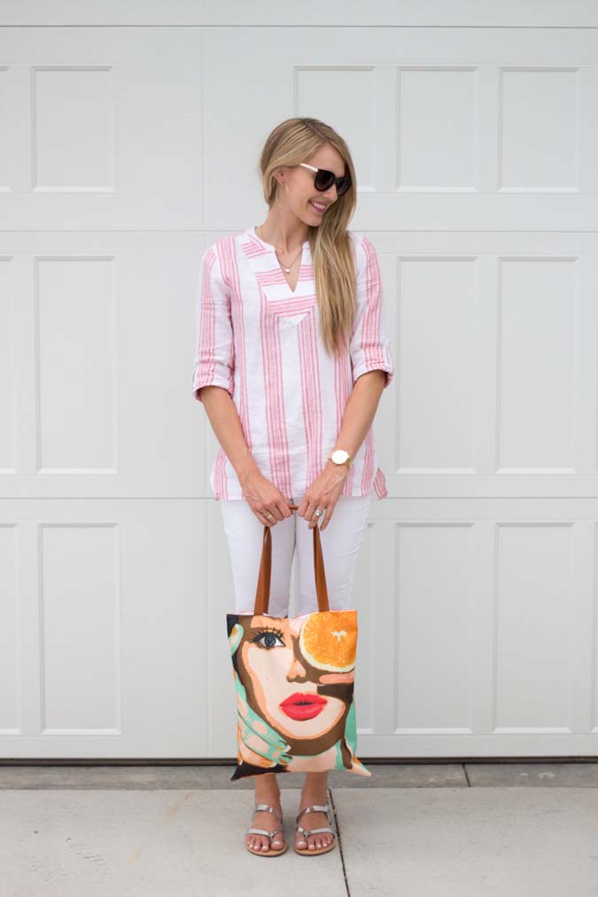 Cents of Style, Andy Warhol bag, inexpensive summer sandals, good deals on trends, white shorts outfit ideas, summer outfit ideas, inexpensive sunglasses