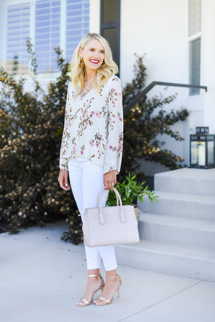 floral top and white jeans