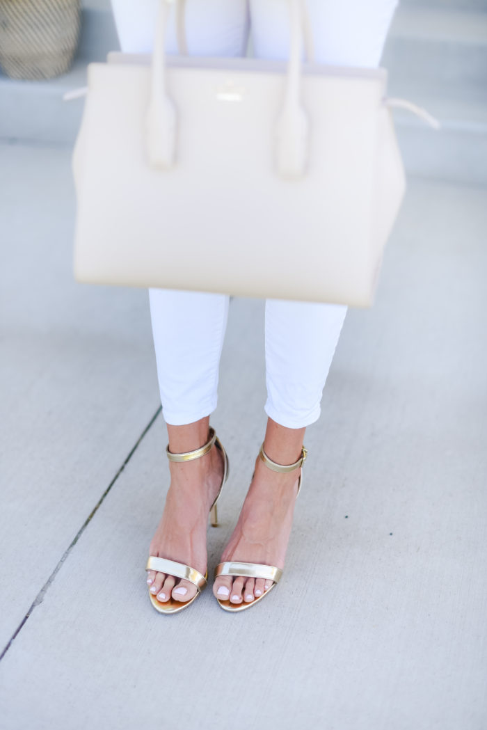 floral top and white jeans