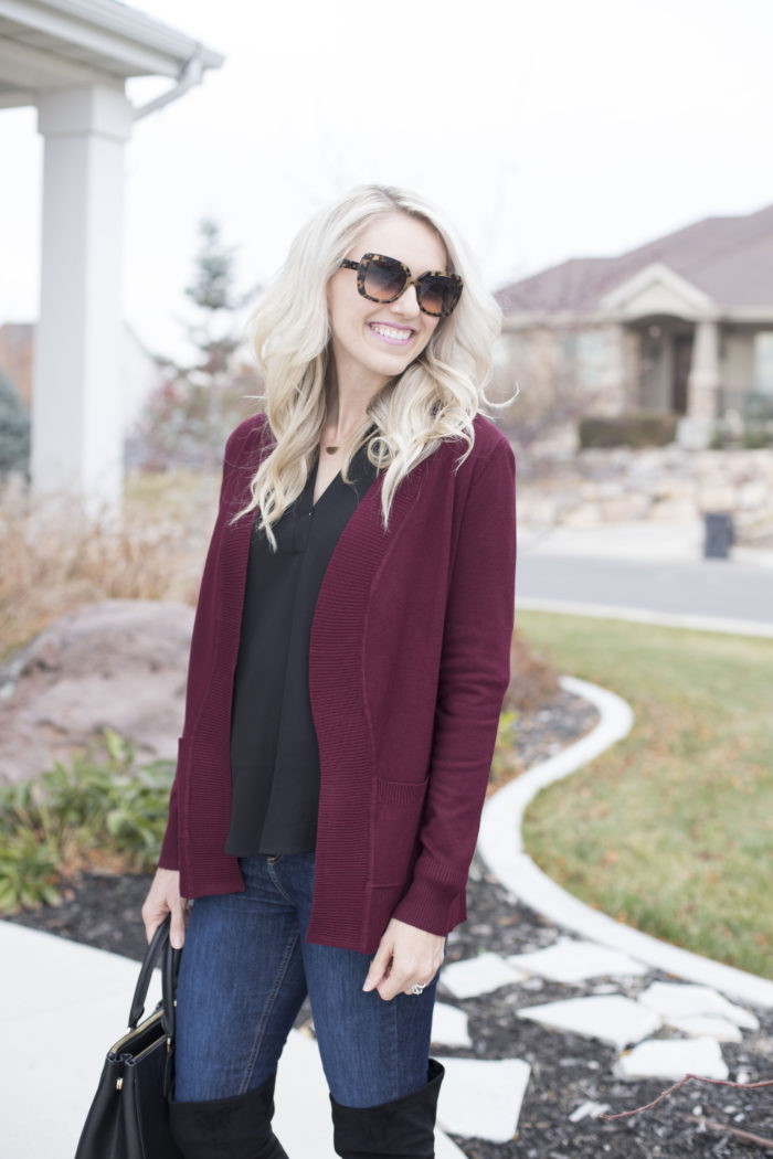 long sweater with knee high boots