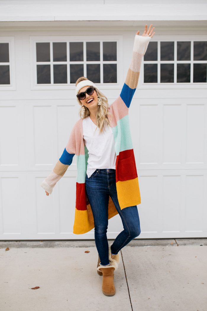 J Crew Factory Sale featured by top US fashion blog A Slice of Style; Image of woman wearing striped cardigan and beanie from J Crew Factory