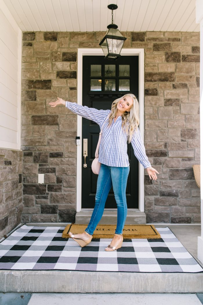 Affordable Women's Fashion featured by top US life and style blog A Slice of Style; Image of a woman wearing a striped top, jeans and wedges from Walmart.