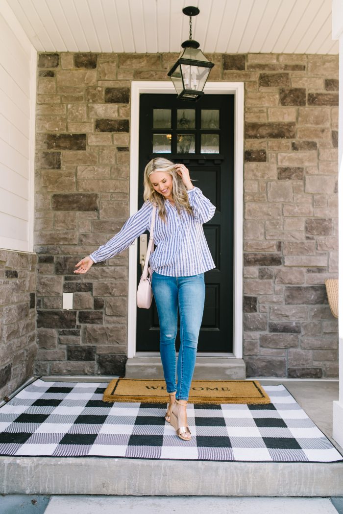 Affordable Women's Fashion featured by top US life and style blog A Slice of Style; Image of a woman wearing a striped top, jeans and wedges from Walmart.