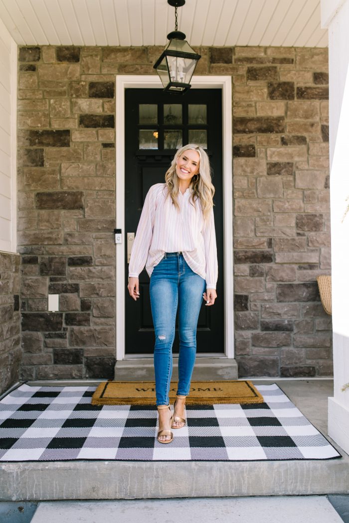 Affordable Women's Fashion featured by top US life and style blog A Slice of Style; Image of a woman wearing a striped top, jeans and wedges from Walmart.