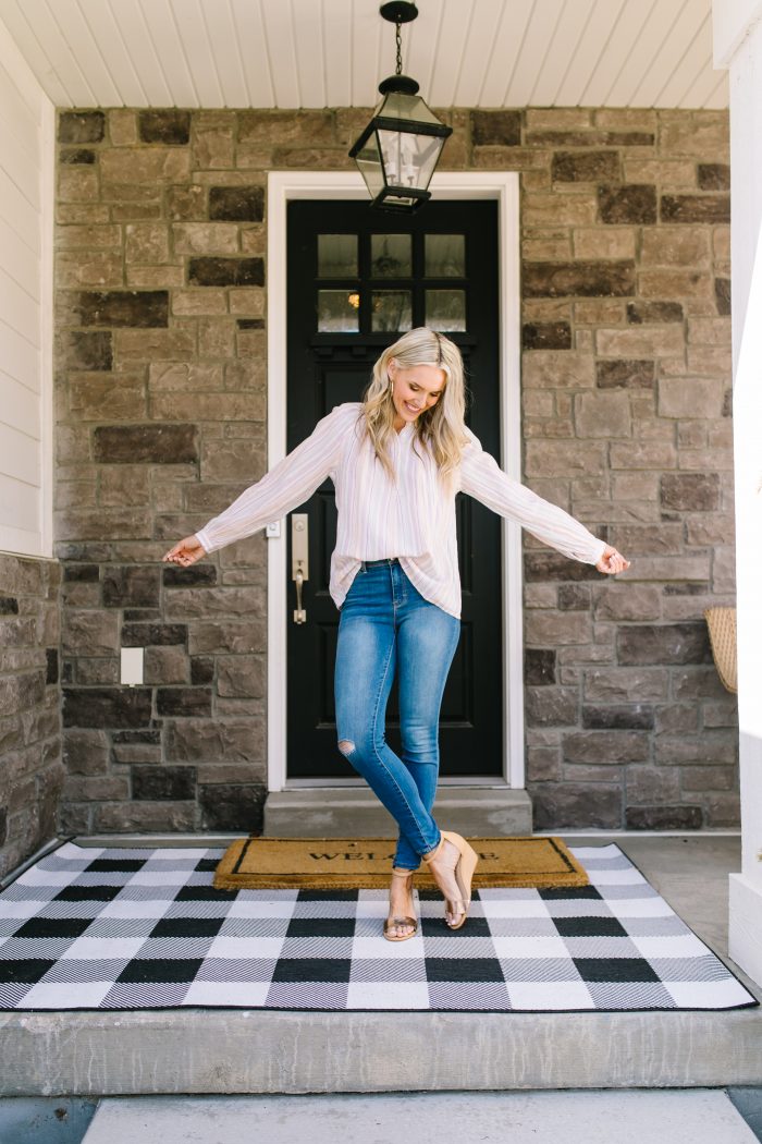 Affordable Women's Fashion featured by top US life and style blog A Slice of Style; Image of a woman wearing a striped top, jeans and wedges from Walmart.