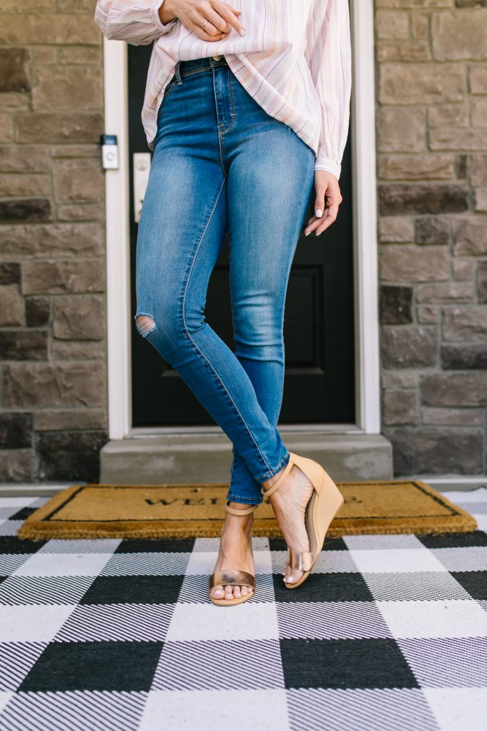 Affordable Women's Fashion featured by top US life and style blog A Slice of Style; Image of a woman wearing a striped top, jeans and wedges from Walmart.