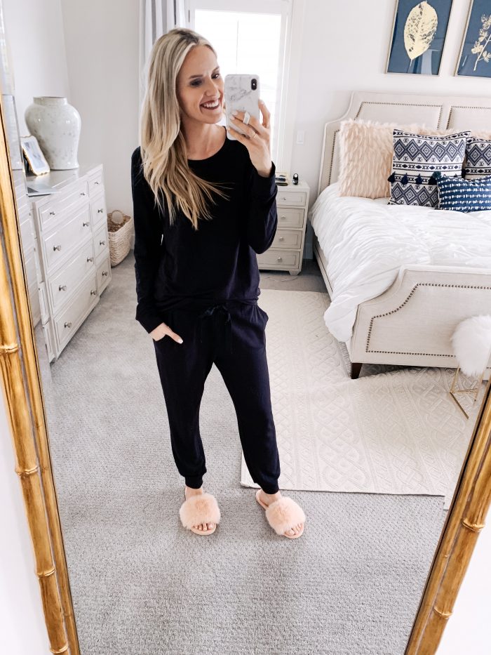 Amazon Joggers featured by top US fashion blog A Slice of Style; Image of a woman wearing Amazon sweatshirt, Amazon joggers and Amazon slippers.