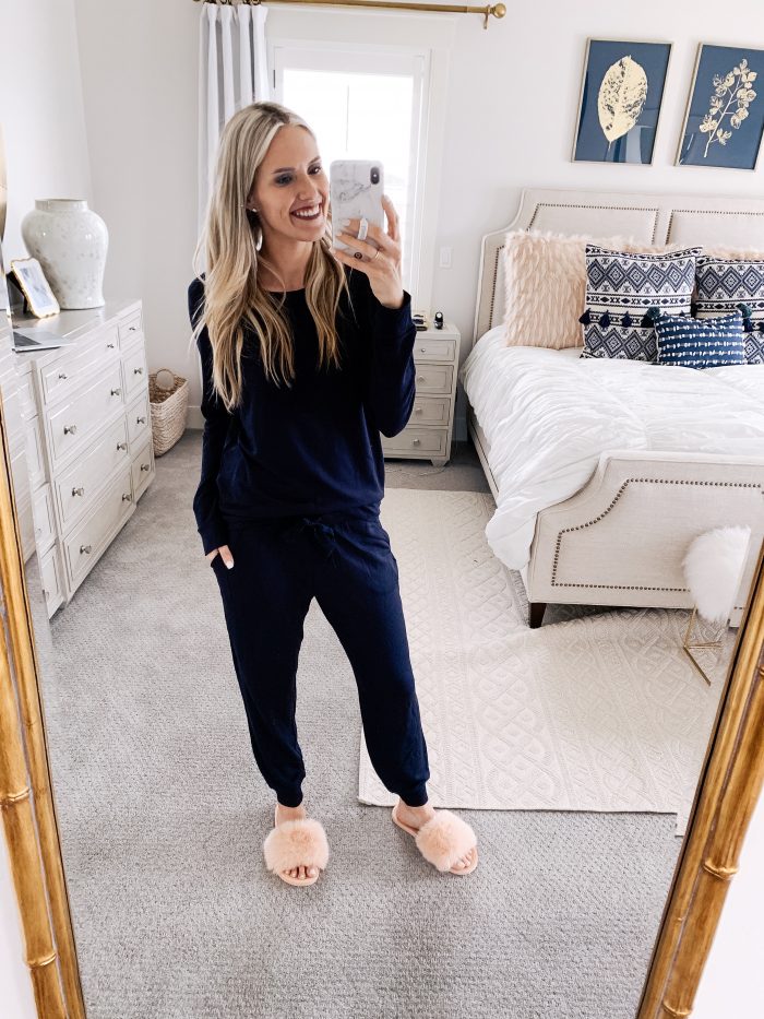 Amazon Joggers featured by top US fashion blog A Slice of Style; Image of a woman wearing Amazon sweatshirt, Amazon joggers and Amazon slippers.
