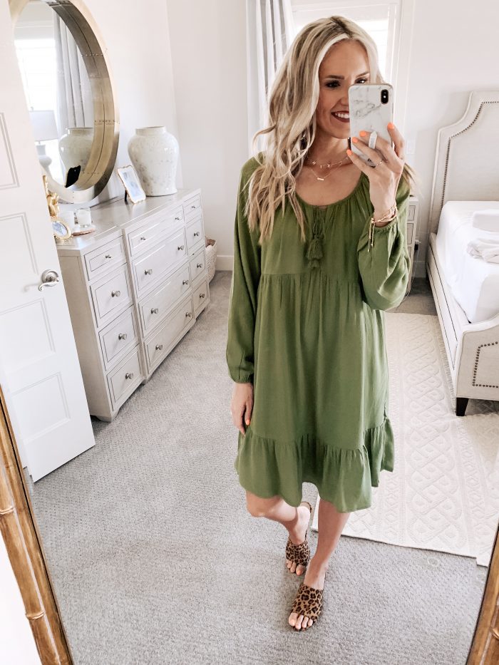 Affordable Walmart fashion favorites featured by top US fashion blog, A Slice of Style: image of a woman wearing a Time and Tru olive midi dress and leopard mules available at Walmart