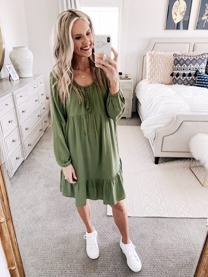 Affordable Walmart fashion favorites featured by top US fashion blog, A Slice of Style: image of a woman wearing a Time and Tru olive midi dress and white sneakers available at Walmart