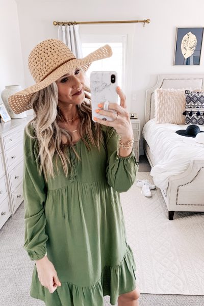 Affordable Walmart fashion favorites featured by top US fashion blog, A Slice of Style: image of a woman wearing a Time and Tru olive midi dress and leopard mules available at Walmart