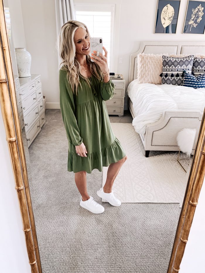 Affordable Walmart fashion favorites featured by top US fashion blog, A Slice of Style: image of a woman wearing a Time and Tru olive midi dress and white sneakers available at Walmart