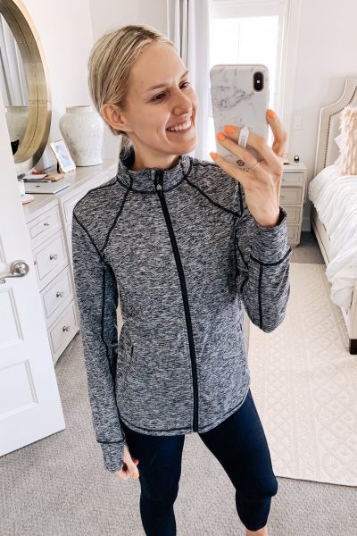 Lululemon dupes found on Amazon featured by top US life and style blog, A Slice of Style: image of a woman wearing CRZ YOGA leggings, CRZ YOGA bra, and Amazon Essentials full zip jacket.