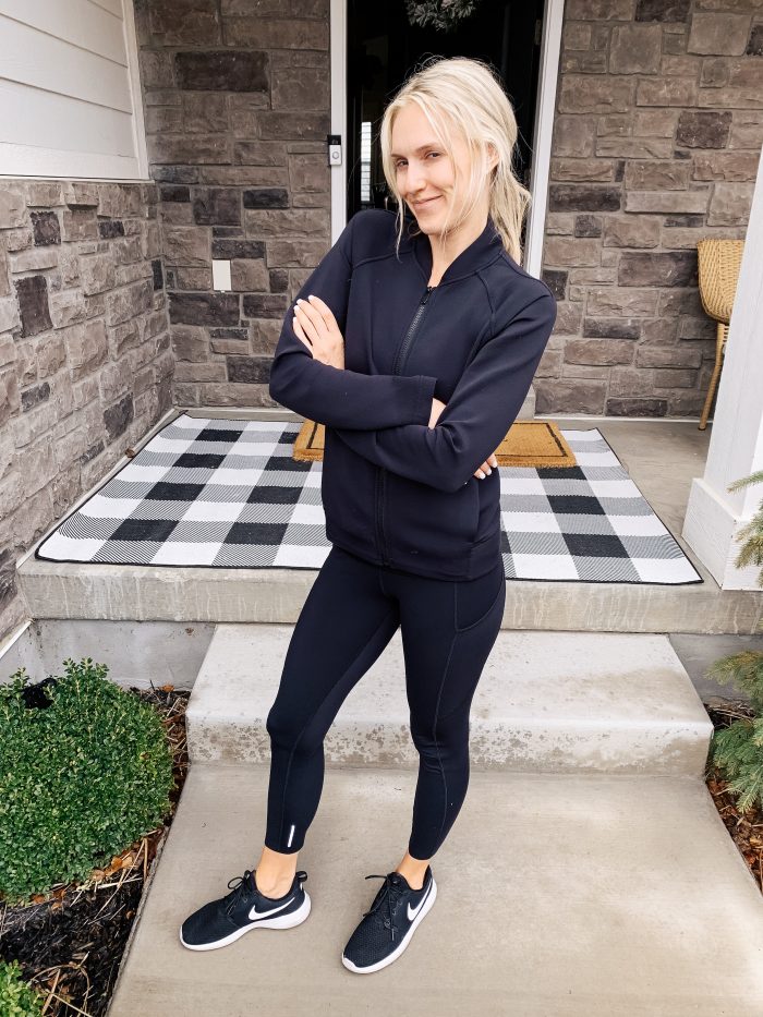 Lululemon dupes found on Amazon featured by top US life and style blog, A Slice of Style: image of a woman wearing CRZ YOGA leggings, CRZ YOGA bra, and Amazon Essentials full zip jacket.