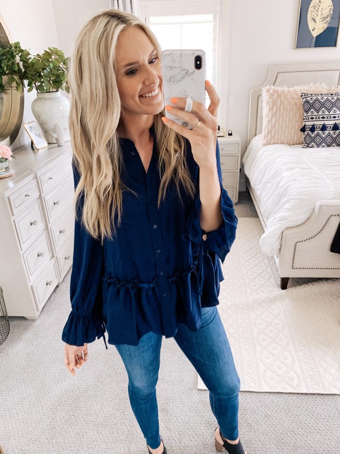 Affordable Amazon Beauty Dupes + Latest Amazon Favorites! by popular Utah beauty blog, A Slice of Style: image of a woman wearing a Amazon Brand - find. Women's Long Sleeve Ruffle Blouse.