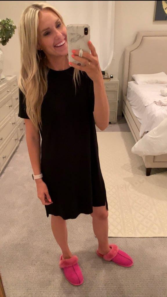 Best of Amazon Prime Day: $7.50 Earrings You Need! by popular Utah fashion blog, A Slice of Style: image of a woman taking a selfie in front of full body mirror and wearing a black Daily Ritual Women's Jersey Short-Sleeve Boxy Pocket T-Shirt Dress and pink slippers.