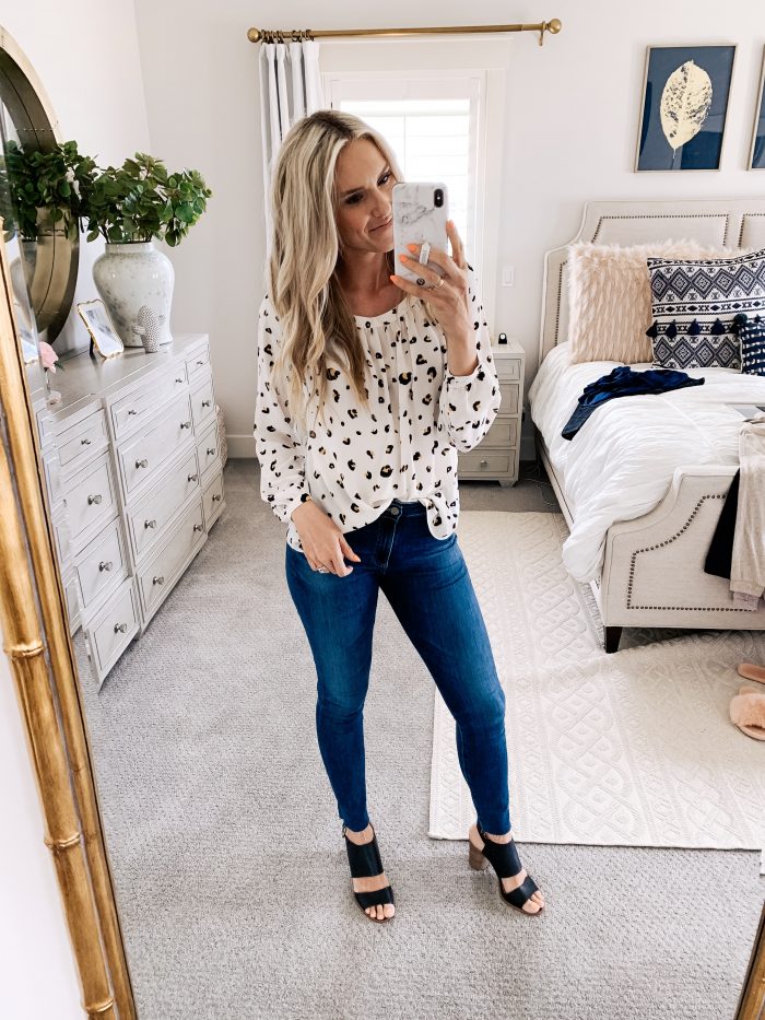 Affordable Amazon Beauty Dupes + Latest Amazon Favorites! by popular Utah beauty blog, A Slice of Style: image of a woman wearing a  Amazon Brand - Lark & Ro Women's Long Sleeve Gathered Blouse.