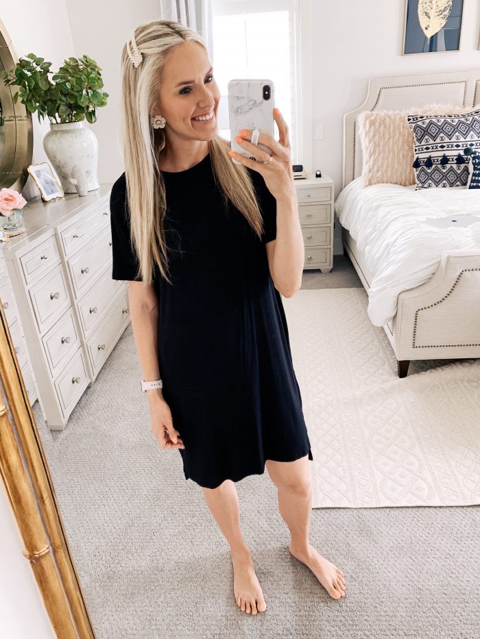 Affordable Amazon Beauty Dupes + Latest Amazon Favorites! by popular Utah beauty blog, A Slice of Style: image of a woman wearing a Amazon Brand - Daily Ritual Women's Jersey Short-Sleeve Boxy Pocket T-Shirt Dress.