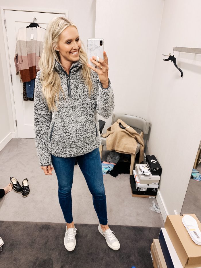 Nordstrom Anniversary Sale Haul featured by top US fashion blog, A Slice of Style: image of a woman wearing a Thread & Supply fleece pullover