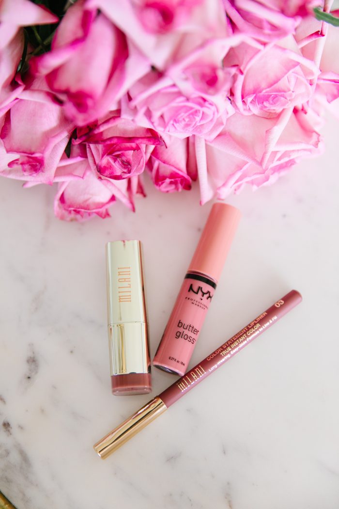 Walmart Beauty Essentials featured by top US beauty blog, A Slice of Style: image of Milani lipstick and lip crayon and NYX lipgloss