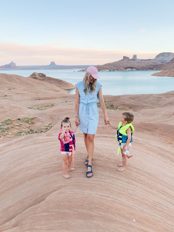 Affordable Amazon Beauty Dupes + Latest Amazon Favorites! by popular Utah beauty blog, A Slice of Style: image of a woman at Lake Powell with her twins and wearing a Amazon Brand - Daily Ritual Women's Tencel Short-Sleeve Utility Dress.