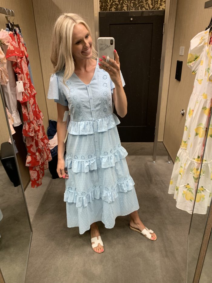 Best Labor Day Sales 2019 by popular Utah fashion blog: image of a woman standing in a dressing room and wearing a Nordstrom Rachel Parcell Ruffle Tier Midi Dress.