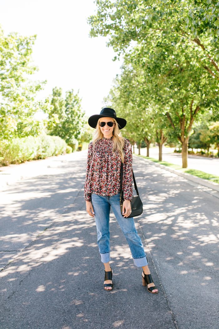 Summer to Fall Transition Pieces from Nordstrom featured by top US life and style blog, A Slice of Style: image of a woman wearing a Rebecca Minkoff crossbody bag, One Print floral blouse, Rachel Parcell girlfriend jeans, Caslon sandals, Polaroid Eyewear aviator sunglasses, and a Brixton felt hat.