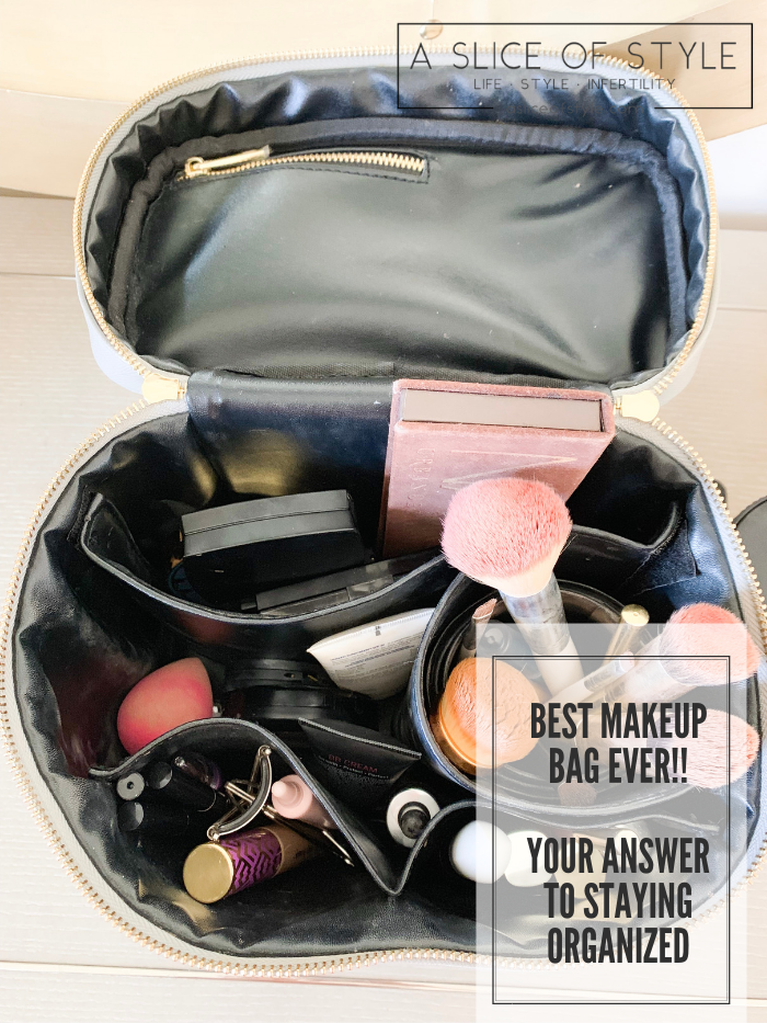The Only Makeup Bag I'll Ever Need Again!! Sly Beauty Discount Code by popular Utah beauty blog, A Slice of Style: Pinterest image of an open Sly Beauty makeup bag containing makeup and makeup brushes.
