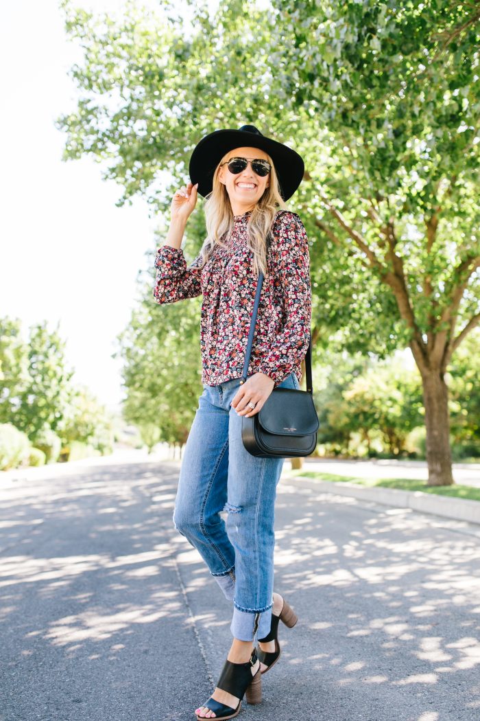 Summer to Fall Transition Pieces from Nordstrom featured by top US life and style blog, A Slice of Style: image of a woman wearing a Rebecca Minkoff crossbody bag, One Print floral blouse, Rachel Parcell girlfriend jeans, Caslon sandals, Polaroid Eyewear aviator sunglasses, and a Brixton felt hat.