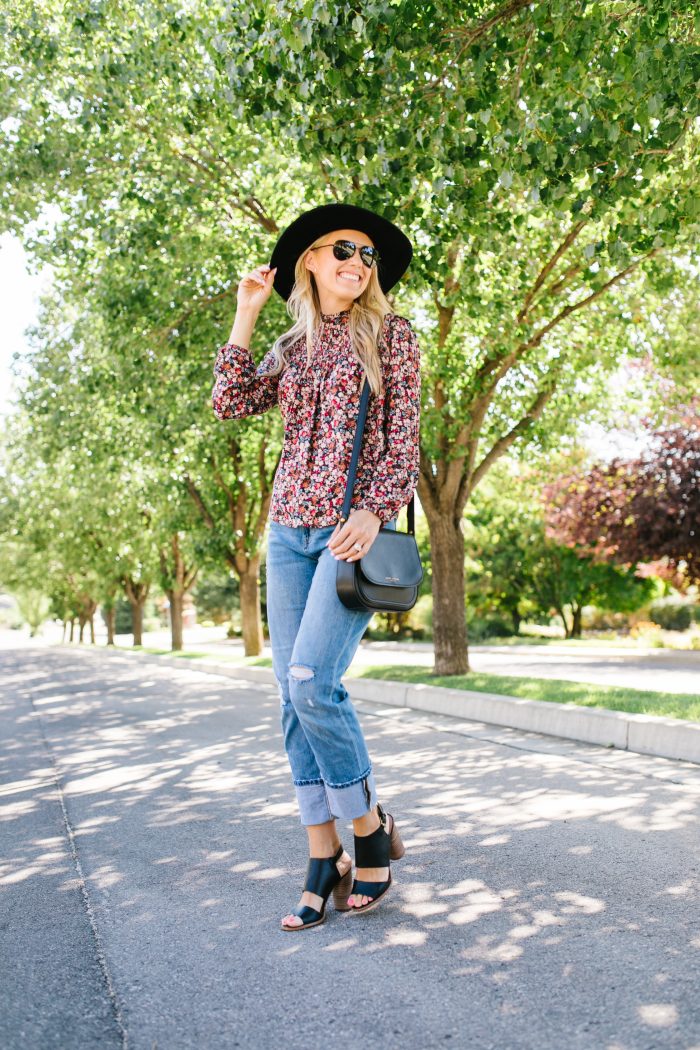 Summer to Fall Transition Pieces from Nordstrom featured by top US life and style blog, A Slice of Style: image of a woman wearing a Rebecca Minkoff crossbody bag, One Print floral blouse, Rachel Parcell girlfriend jeans, Caslon sandals, Polaroid Eyewear aviator sunglasses, and a Brixton felt hat.