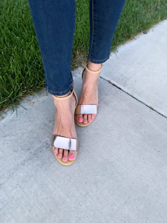 $8.88 Henley T-Shirt + Other Affordable Women's Clothes! by popular Utah fashion blog, A Slice of Style: image of a woman standing outside and wearing a Walmart Melrose Ave Women's Said And Done Vegan Heeled Sandal, and Time and Tru Women's Core High Rise Skinny Jean.