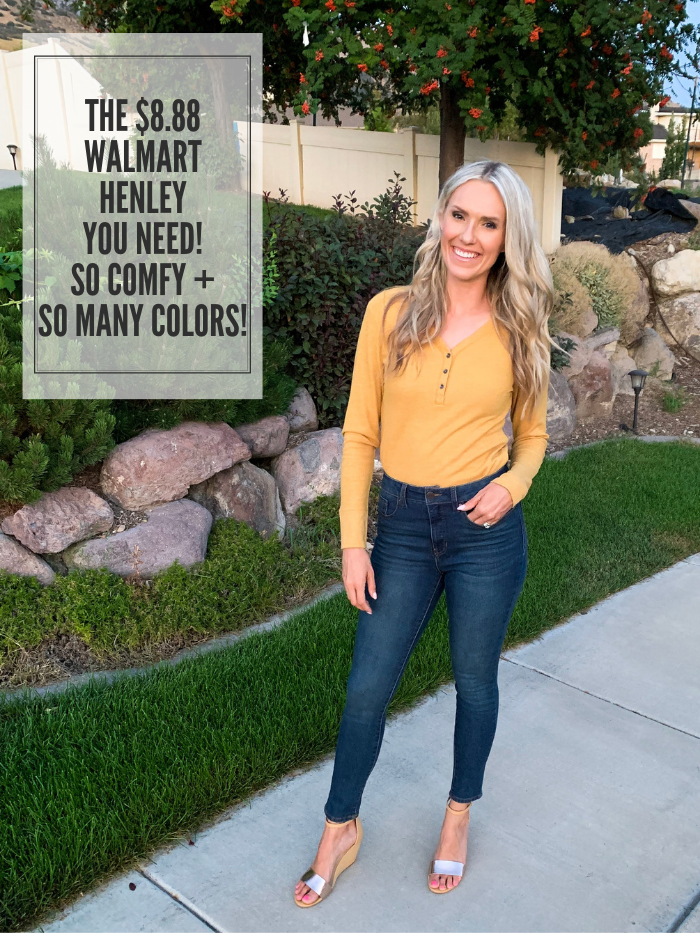 $8.88 Henley T-Shirt + Other Affordable Women's Clothes! by popular Utah fashion blog, A Slice of Style: image of a woman standing outside and wearing a Walmart Time and Tru Women's Thermal Henley T-Shirt, Melrose Ave Women's Said And Done Vegan Heeled Sandal, and Time and Tru Women's Core High Rise Skinny Jean.