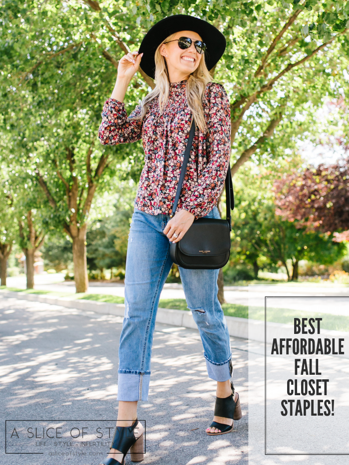 Summer to Fall Transition Pieces from Nordstrom featured by top US life and style blog, A Slice of Style: image of a woman wearing a Rebecca Minkoff crossbody bag, One Print floral blouse, Rachel Parcell girlfriend jeans, Caslon sandals, Polaroid Eyewear aviator sunglasses, and a Brixton felt hat.