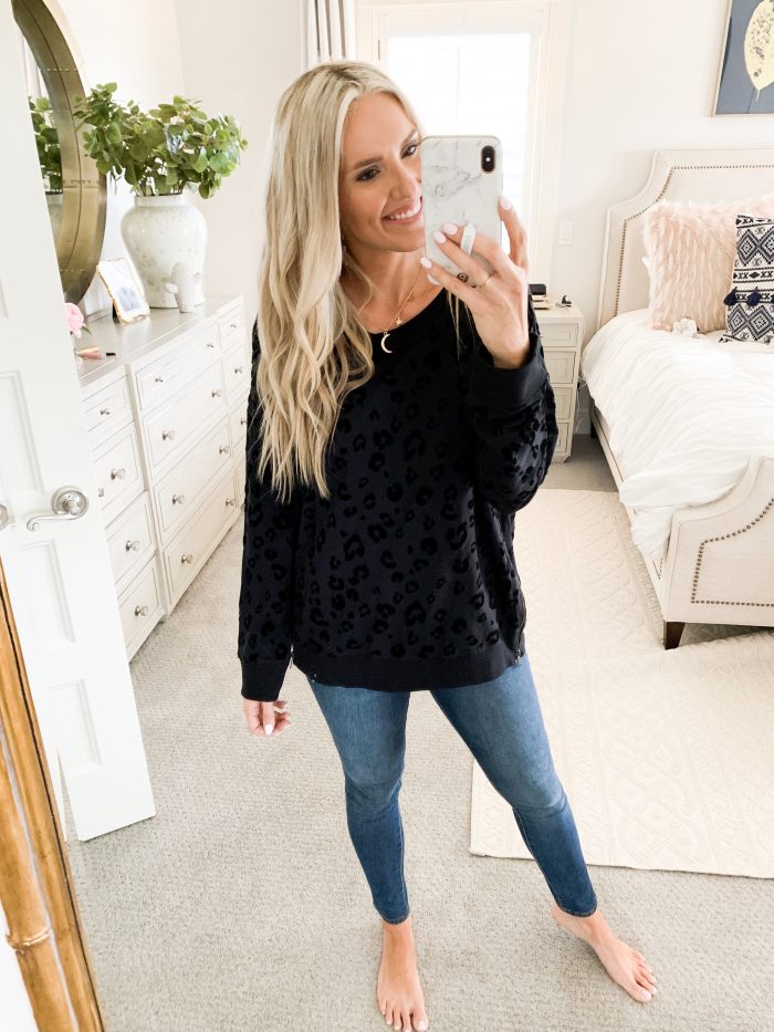 Walmart Fall Fashion Haul! by popular Utah fashion blog, A Slice of Style: image of a woman wearing a Walmart Sweet Romeo Women's Athleisure Velvet Leopard Pullover with Side Zip.