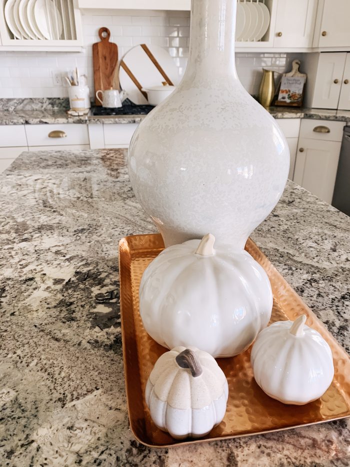 My Home Decorated for Fall! by popular Utah lifestyle blog, A Slice of Style: image of a kitchen decorated with Nordstrom Mango Wood Cutting Board Set and West Elm Reactive Glaze Vase.