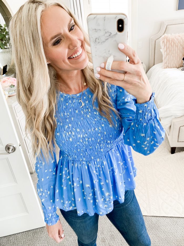 Walmart Fall Fashion Haul! by popular Utah fashion blog, A Slice of Style: image of a woman wearing a Walmart Love Sadie Women's Smocked Peplum Top.