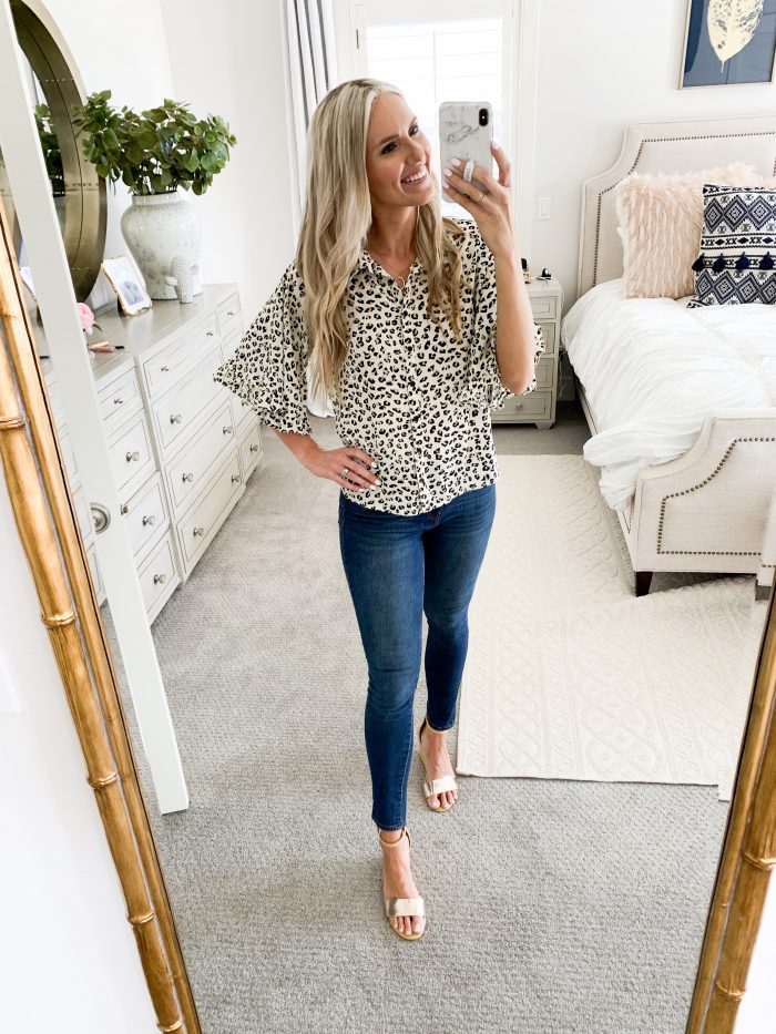 Walmart Fall Fashion Haul! by popular Utah fashion blog, A Slice of Style: image of a woman wearing a leopard print top and Walmart Time and Tru Women's Core High Rise Skinny Jean.