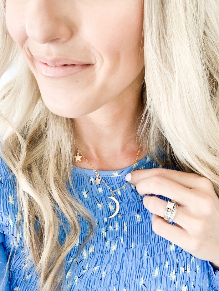 Walmart Fall Fashion Haul! by popular Utah fashion blog, A Slice of Style: image of a woman wearing a Walmart Love Sadie Women's Smocked Peplum Top and Walmart StylesILove Mini Star & Crescent Moon Charm Pendant Gold Chain Necklace.