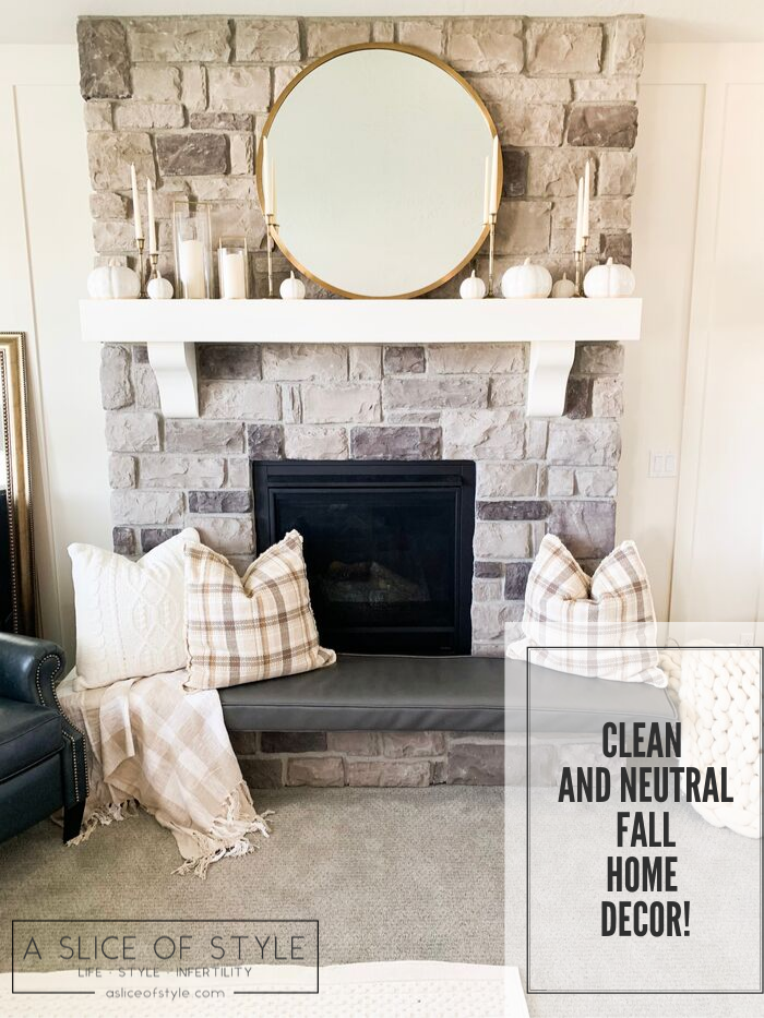 My Home Decorated for Fall! by popular Utah lifestyle blog, A Slice of Style: image of a fireplace mantle decorated with Target Threshold cream Decorative Ceramic Pumpkins, Target Threshold Plaid Cotton Throw Blanket, Target Threshold Cable Knit Chenille Throw Pillow, and Etsy Crateful Studio Chunky Knit Blanket.