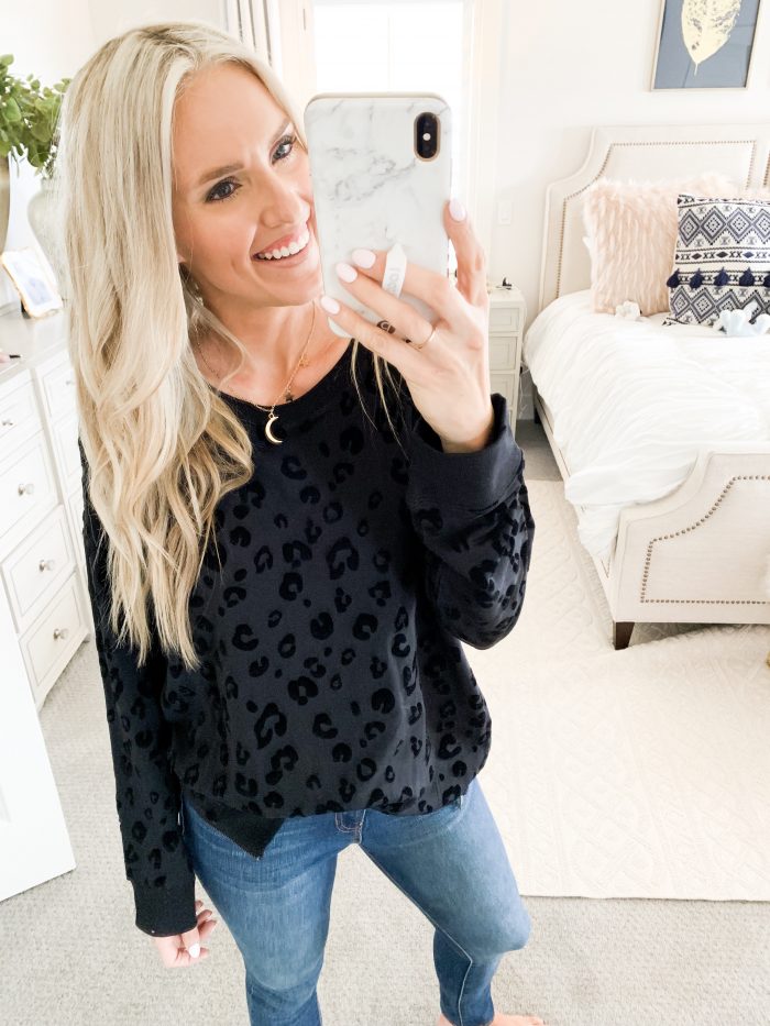 Walmart Fall Fashion Haul! by popular Utah fashion blog, A Slice of Style: image of a woman wearing a Walmart Sweet Romeo Women's Athleisure Velvet Leopard Pullover with Side Zip.