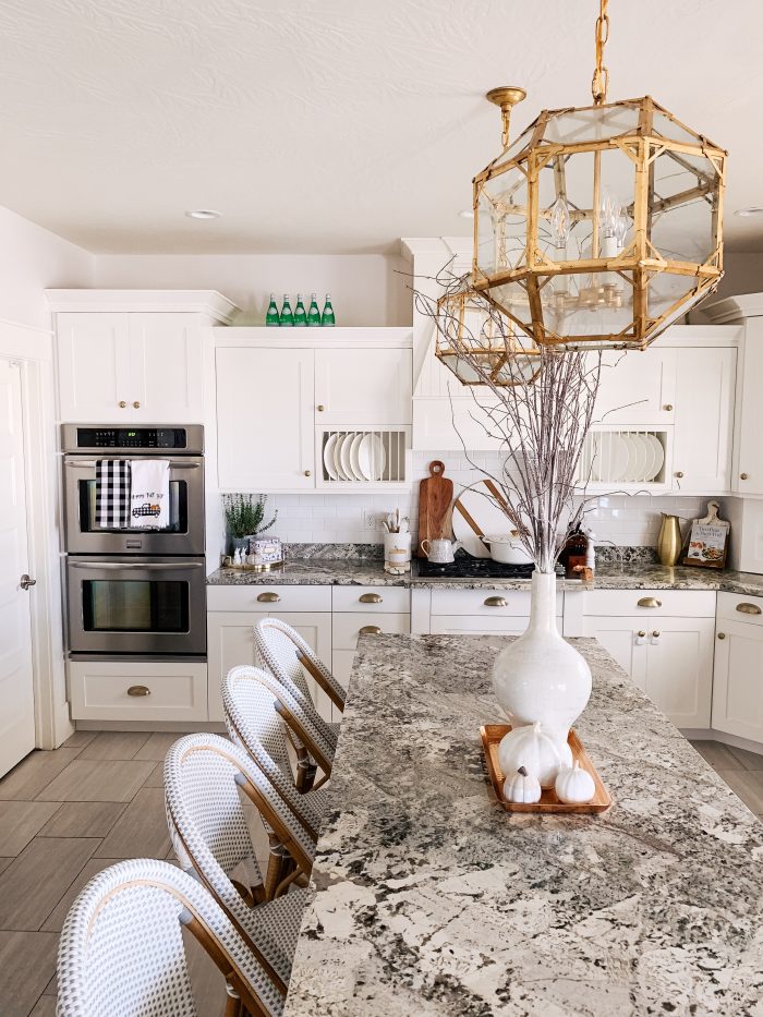 My Home Decorated for Fall! by popular Utah lifestyle blog, A Slice of Style: image of a kitchen decorated with Nordstrom Mango Wood Cutting Board Set and West Elm Reactive Glaze Vase.