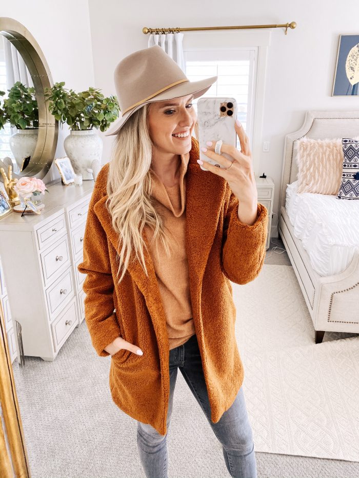Amazon Fall Fashion Favorites featured by top US life and style blog, A Slice of Style: image of a woman wearing a rust teddy bear coat