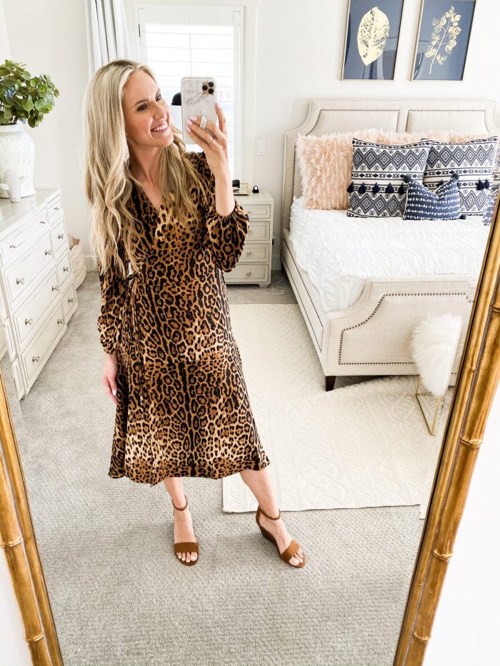 Walmart Fall fashion haul featured by top US fashion blog, A Slice of Style: image of a woman wearing a leopard print midi dress