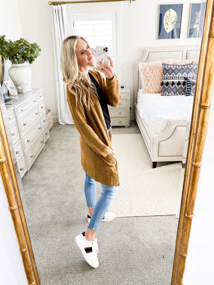 Walmart Fall fashion haul featured by top US fashion blog, A Slice of Style: image of a woman wearing a cozy long cardigan from Walmart