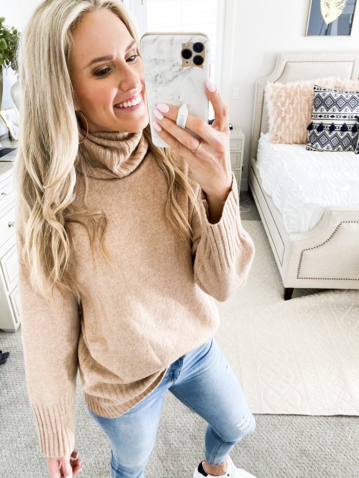 Walmart Fall fashion haul featured by top US fashion blog, A Slice of Style: image of a woman wearing a cozy fall sweater from Walmart