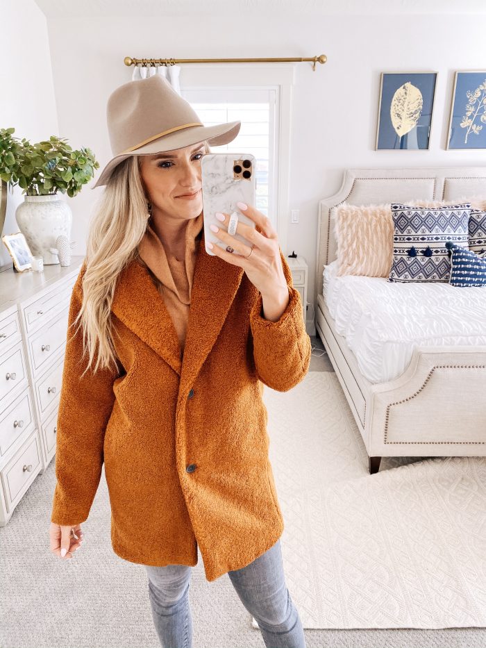 Amazon Fall Fashion Favorites featured by top US life and style blog, A Slice of Style: image of a woman wearing a rust teddy bear coat