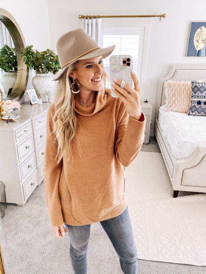 Amazon Fall Fashion Favorites featured by top US life and style blog, A Slice of Style: image of a woman wearing a camel turtleneck sweater