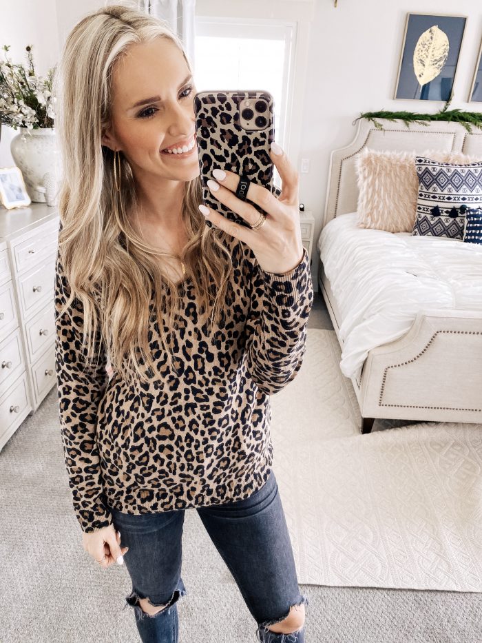 Best Loungewear on Amazon by popular Utah fashion blog, A Slice of Style: image of a woman wearing a Amazon Essentials Women's Lightweight V-Neck Sweater