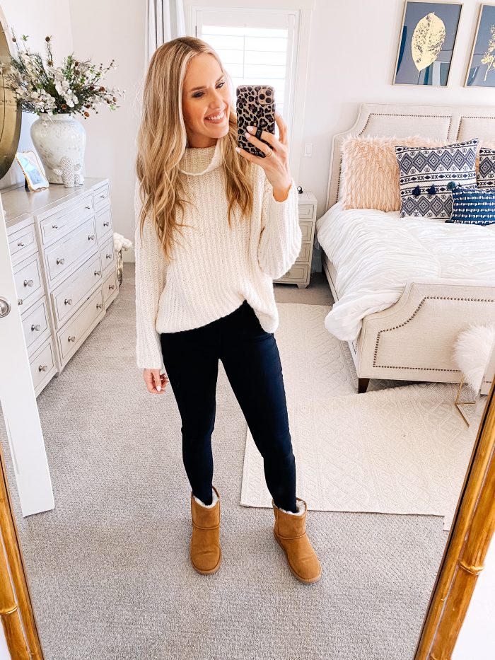 Walmart Fashion January Haul! by popular Utah mom style blog, A Slice of Style: image of a woman wearing a Walmart Scoop Waffle Knit Turtleneck Sweater, Walmart Melrose Ave Vegan Suede Knee High Block Heel Boot, and Walmart Time and Tru Women's Sculpted Jegging.