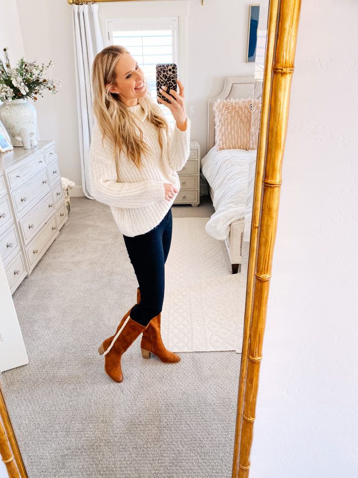 Walmart Fashion January Haul! by popular Utah mom style blog, A Slice of Style: image of a woman wearing a Walmart Scoop Waffle Knit Turtleneck Sweater, Walmart Melrose Ave Vegan Suede Knee High Block Heel Boot, and Walmart Time and Tru Women's Sculpted Jegging.